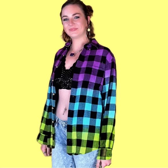 Oversized Flannel Shirt Dip Dye Purple Neon Green Blue Ombre Gradient Tie Dye - Picture 3 of 7